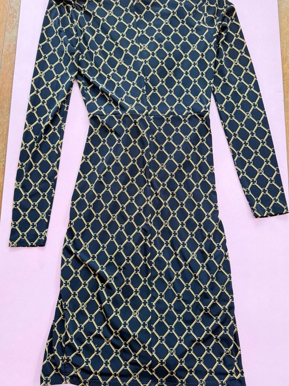 Michael Kors Black Long Sleeve Wrap Dress with Gold Chain Pattern